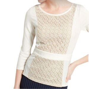 EUC Ann Taylor Cream Lace Panel Ponte Knit Top Super Cute Pretty Lace Front/Back